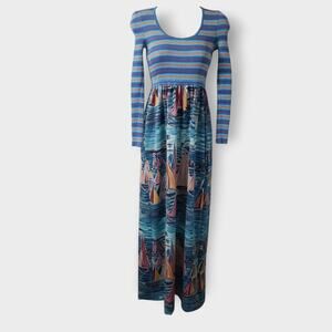 Vtg Goldworm Italy Blue Stripe Sailboat Knit Maxi Dress Sz 8 Novelty Colorful